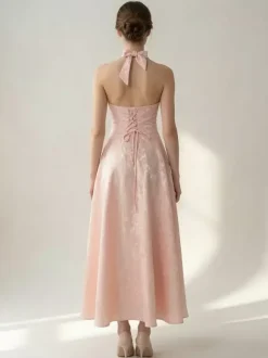 Soft Pink Floral Midi Dress Halter Summer A-line Vintage Dress For Women 2026