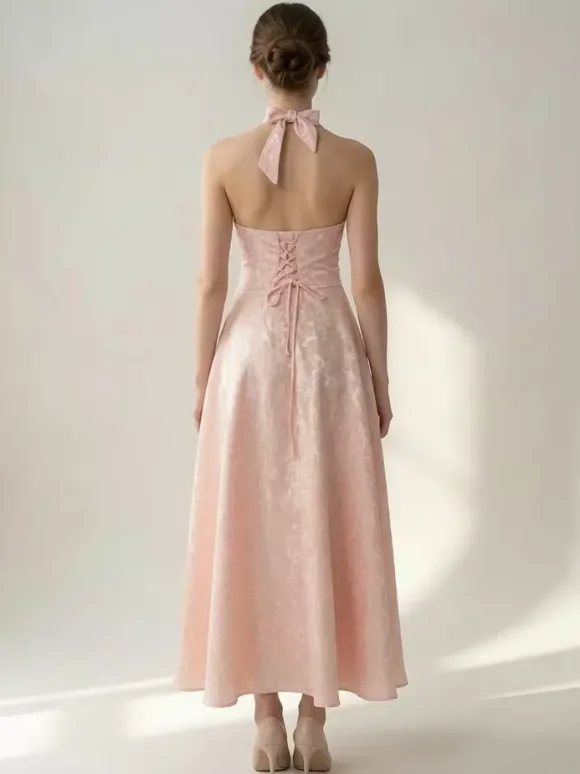 Soft Pink Floral Midi Dress Halter Summer A-line Vintage Dress For Women 2026
