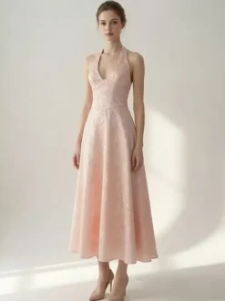 Soft Pink Floral Midi Dress Halter Summer A-line Vintage Dress For Women 2026