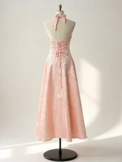 Soft Pink Floral Midi Dress Halter Summer A-line Vintage Dress For Women 2026