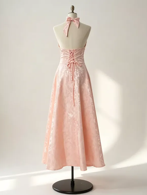 Soft Pink Floral Midi Dress Halter Summer A-line Vintage Dress For Women 2026