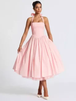 Soft Pink Halterneck A-line Midi Party Dress For Women 2026