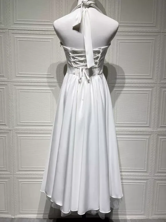 Soft Pink Halterneck A-line Midi Party Dress For Women 2026