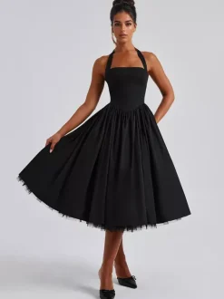 Soft Pink Halterneck A-line Midi Party Dress For Women 2026