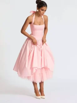 Soft Pink Halterneck A-line Midi Party Dress For Women 2026