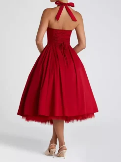 Soft Pink Halterneck A-line Midi Party Dress For Women 2026