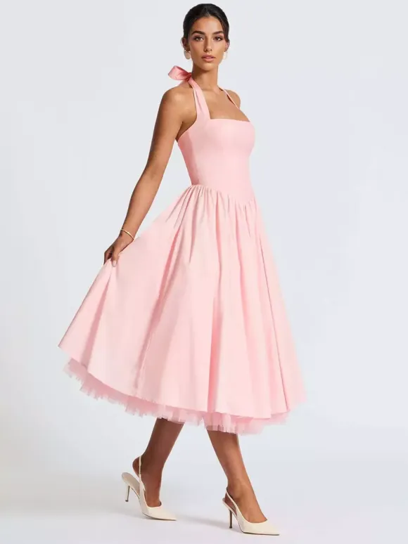 Soft Pink Halterneck A-line Midi Party Dress For Women 2026
