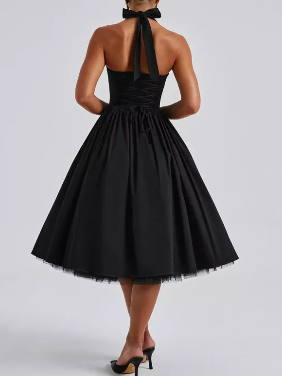 Soft Pink Halterneck A-line Midi Party Dress For Women 2026
