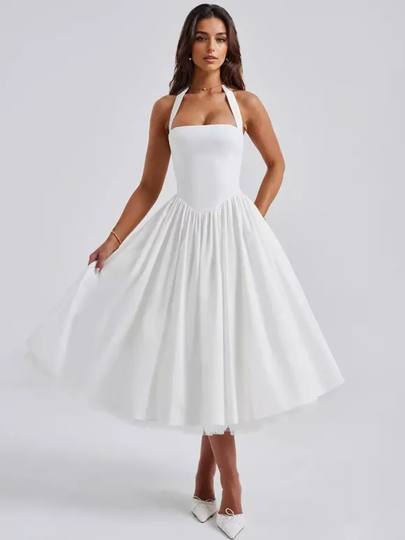 Soft Pink Halterneck A-line Midi Party Dress For Women 2026