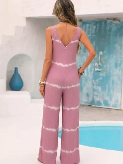 Soft Pink Horizontal Tie Dye Jumpsuit Sleeveless V Neck Straps High Waist Flow Wide Leg Vacation Playsuit