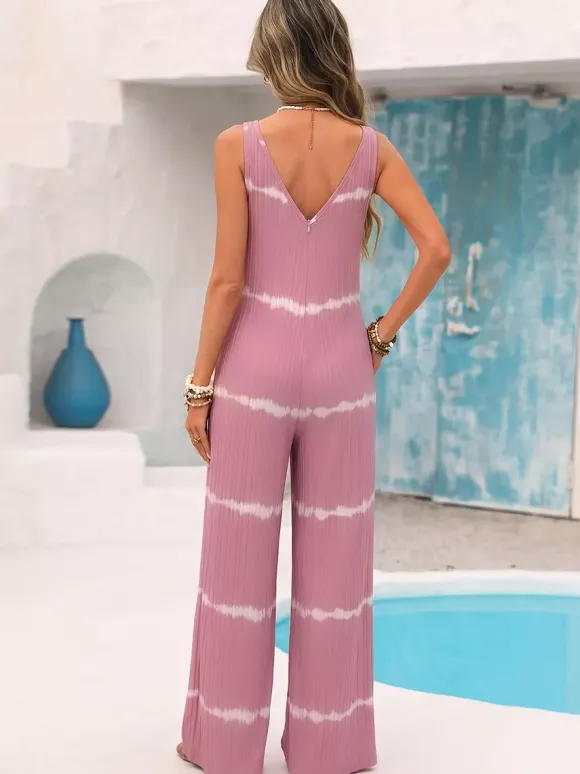 Soft Pink Horizontal Tie Dye Jumpsuit Sleeveless V Neck Straps High Waist Flow Wide Leg Vacation Playsuit