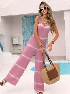 Soft Pink Horizontal Tie Dye Jumpsuit Sleeveless V Neck Straps High Waist Flow Wide Leg Vacation Playsuit