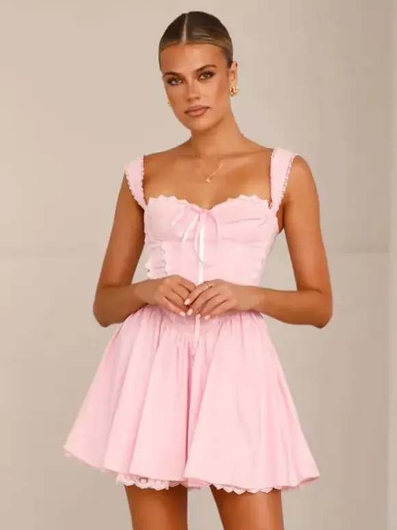 Soft Pink Lace-Trimmed Mini Dress For Summer 2026