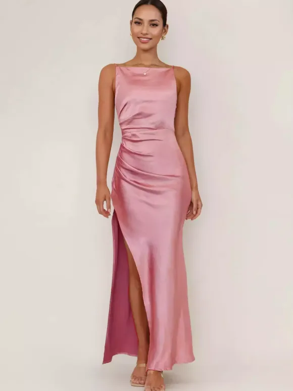 Soft Pink Maxi Slit Dress Open Back Party Slip Dress For Women 2026