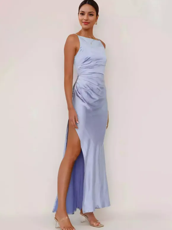 Soft Pink Maxi Slit Dress Open Back Party Slip Dress For Women 2026