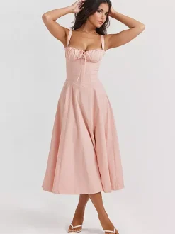 Soft Pink Summer Dress Sleeveless Straps Neck Cottagecore Lace Up Midi Dress For Women