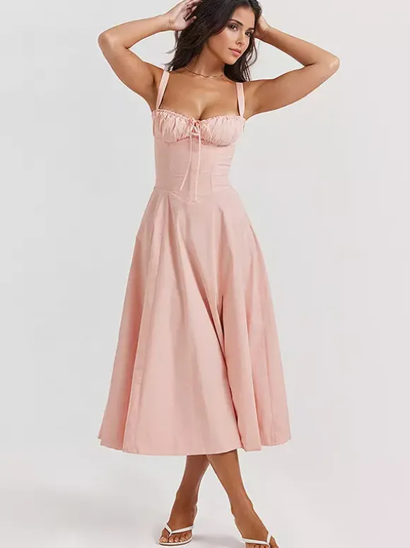 Soft Pink Summer Dress Sleeveless Straps Neck Cottagecore Lace Up Midi Dress For Women