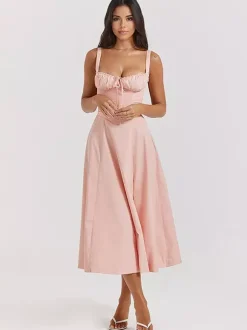 Soft Pink Summer Dress Sleeveless Straps Neck Cottagecore Lace Up Midi Dress For Women