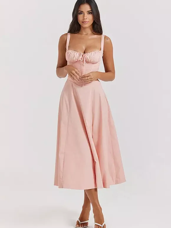 Soft Pink Summer Dress Sleeveless Straps Neck Cottagecore Lace Up Midi Dress For Women