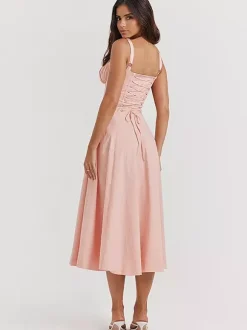 Soft Pink Summer Dress Sleeveless Straps Neck Cottagecore Lace Up Midi Dress For Women