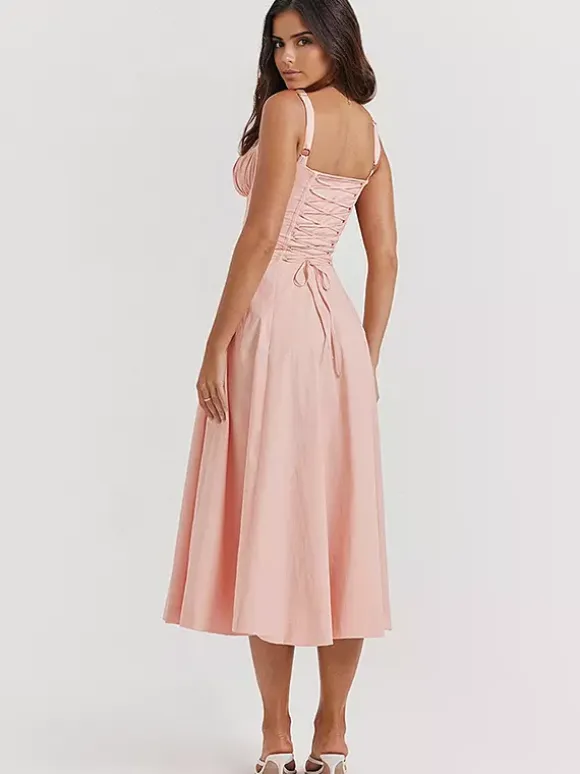Soft Pink Summer Dress Sleeveless Straps Neck Cottagecore Lace Up Midi Dress For Women