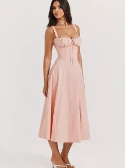 Soft Pink Summer Dress Sleeveless Straps Neck Cottagecore Lace Up Midi Dress For Women