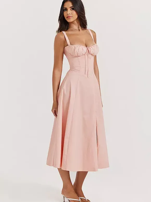Soft Pink Summer Dress Sleeveless Straps Neck Cottagecore Lace Up Midi Dress For Women