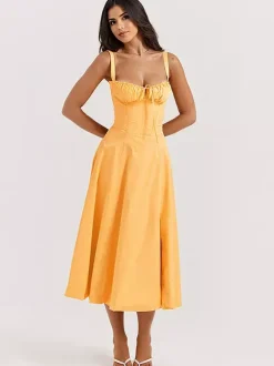 Soft Pink Summer Dress Sleeveless Straps Neck Cottagecore Lace Up Midi Dress For Women