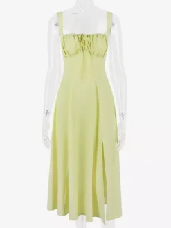 Soft Pink Summer Dress Sleeveless Straps Neck Cottagecore Lace Up Midi Dress For Women
