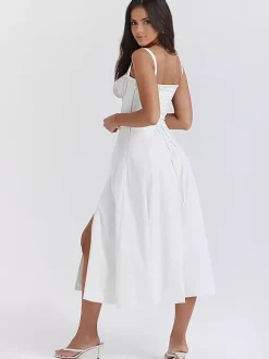 Soft Pink Summer Dress Sleeveless Straps Neck Cottagecore Lace Up Midi Dress For Women