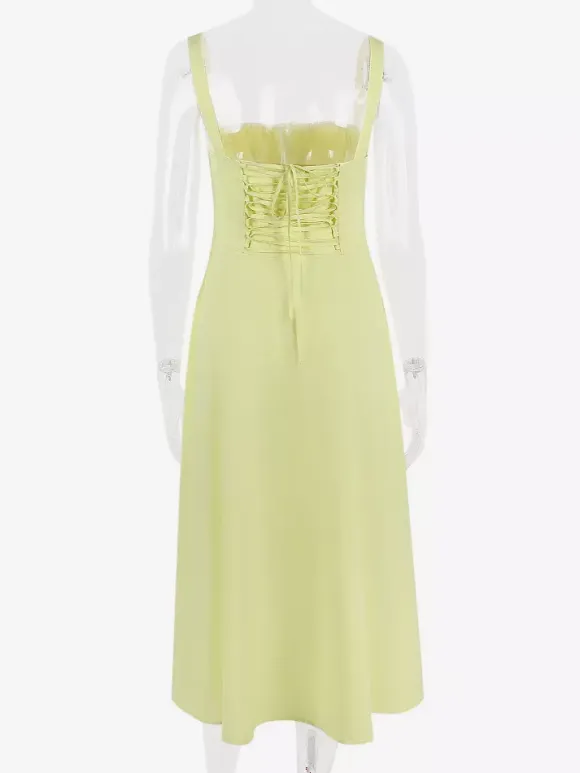 Soft Pink Summer Dress Sleeveless Straps Neck Cottagecore Lace Up Midi Dress For Women