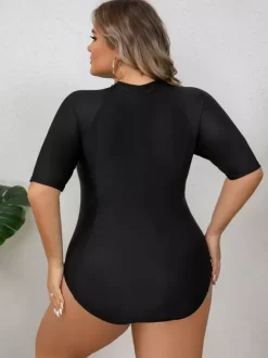 Solid Black Plus Size Zip Front Mid Sleeve Rash Guard Swimsuit