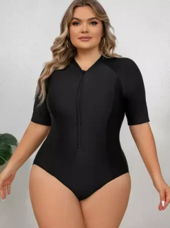 Solid Black Plus Size Zip Front Mid Sleeve Rash Guard Swimsuit