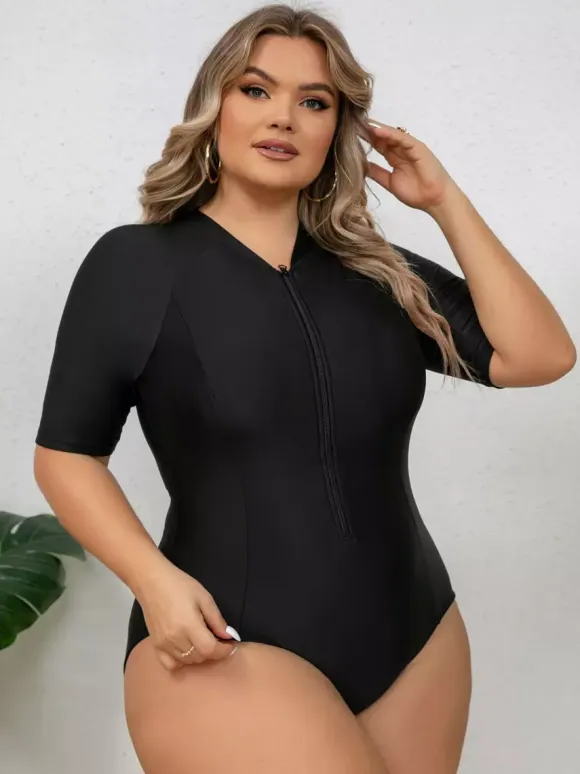 Solid Black Plus Size Zip Front Mid Sleeve Rash Guard Swimsuit