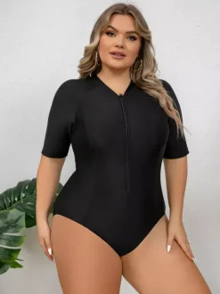 Solid Black Plus Size Zip Front Mid Sleeve Rash Guard Swimsuit