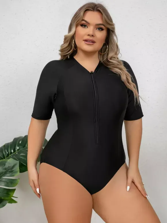 Solid Black Plus Size Zip Front Mid Sleeve Rash Guard Swimsuit