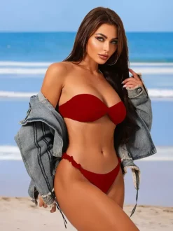 Solid Color Bandeau Bikini With Ruffle Detail For Summer Beach 2026