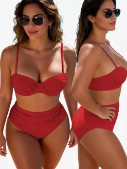 Solid Color Bikini Set For Women - Retro Minimalist Ruched High Waist Two Piece Swimsuit - Summer Beach Pool Party 2026