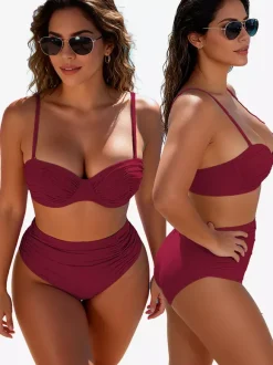 Solid Color Bikini Set For Women - Retro Minimalist Ruched High Waist Two Piece Swimsuit - Summer Beach Pool Party 2026