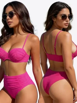 Solid Color Bikini Set For Women - Retro Minimalist Ruched High Waist Two Piece Swimsuit - Summer Beach Pool Party 2026