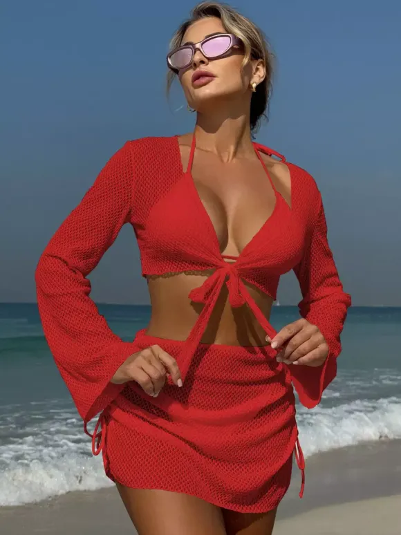 Solid Color Halter Bikini And Cover-ups 4 Piece Swimsuit Set For Summer 2026