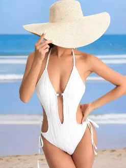 Solid Color Monokini Sexy Cutout Halter Neck One-Piece Swimsuit For Summer 2026
