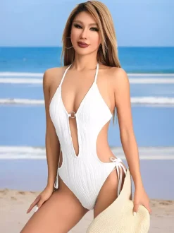 Solid Color Monokini Sexy Cutout Halter Neck One-Piece Swimsuit For Summer 2026