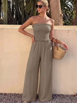 Solid Taupe Strapless Jumpsuit Ruffle Edge Smocked Bust Elastic High Waist Flow Wide Leg Casual Vacation Playsuit