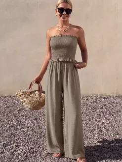 Solid Taupe Strapless Jumpsuit Ruffle Edge Smocked Bust Elastic High Waist Flow Wide Leg Casual Vacation Playsuit
