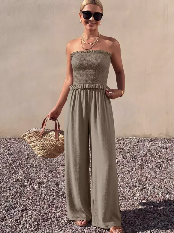 Solid Taupe Strapless Jumpsuit Ruffle Edge Smocked Bust Elastic High Waist Flow Wide Leg Casual Vacation Playsuit