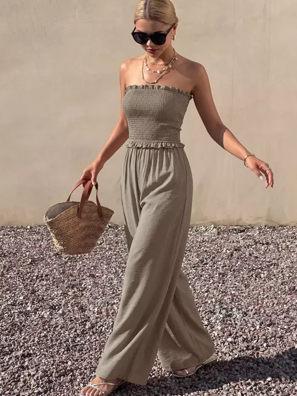 Solid Taupe Strapless Jumpsuit Ruffle Edge Smocked Bust Elastic High Waist Flow Wide Leg Casual Vacation Playsuit