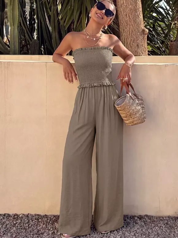 Solid Taupe Strapless Jumpsuit Ruffle Edge Smocked Bust Elastic High Waist Flow Wide Leg Casual Vacation Playsuit
