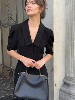 Sophisticated French Style Co-ord Set Women - Puff Sleeve Notch Collar Top Black Wide Leg Pants - Summer Workwear 2026