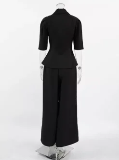 Sophisticated French Style Co-ord Set Women - Puff Sleeve Notch Collar Top Black Wide Leg Pants - Summer Workwear 2026